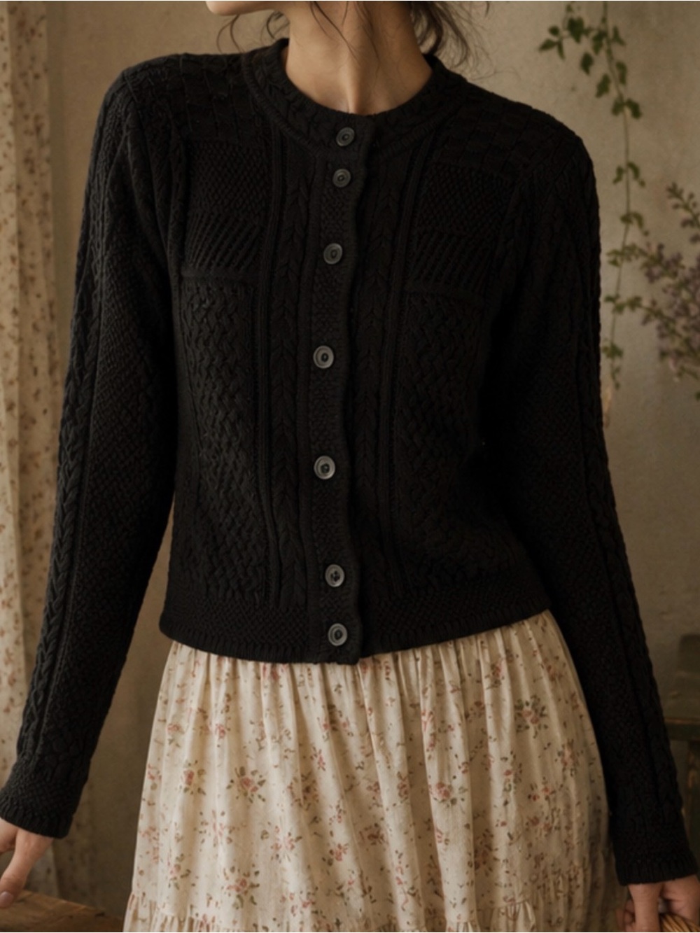 L.L.Bean Fisherman Cable Knit Cardigan Sweater cotton black Cottagecore fall M